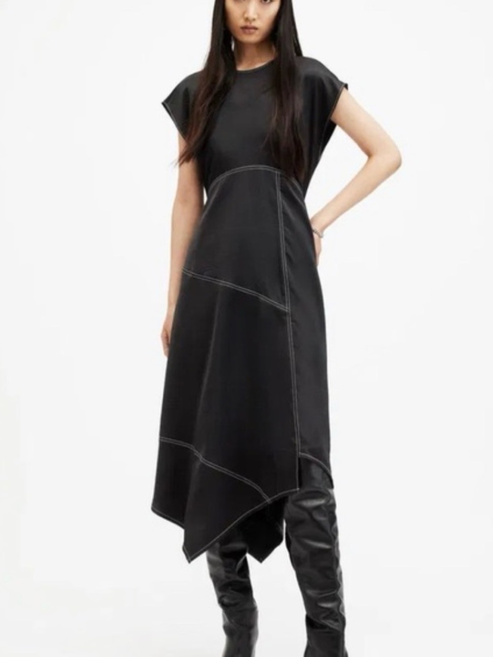 All Saints Black Asymmetrical Seam-Detail Midi Dress